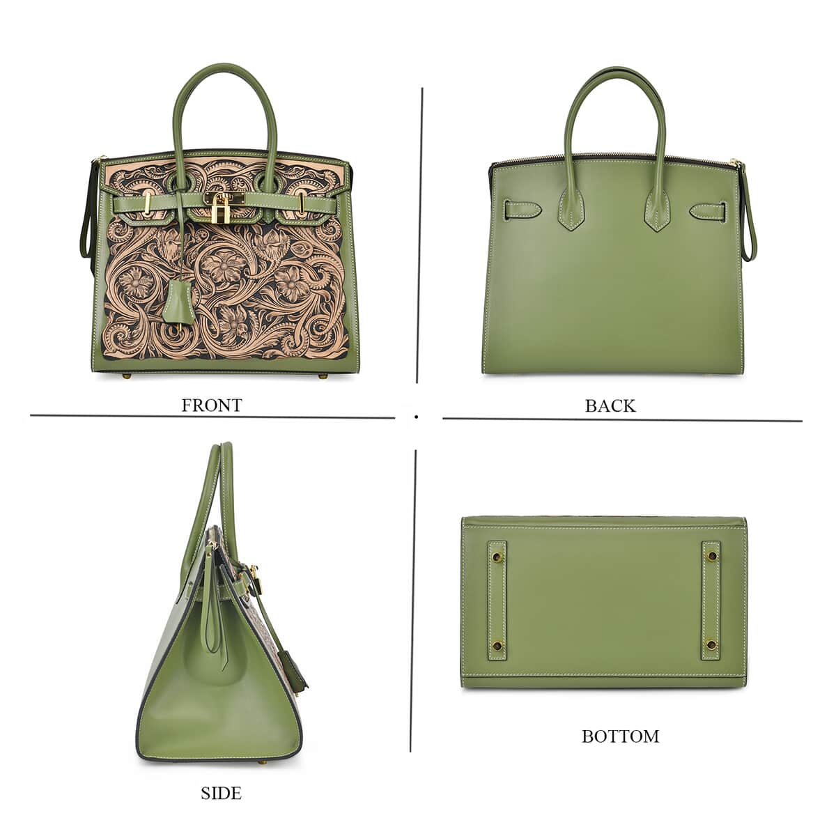 Grand Pelle Light Green with Solid Color Hand Engraving Flower Genuine Leather Handbag with Handle Drop 5.5 Inch image number 3