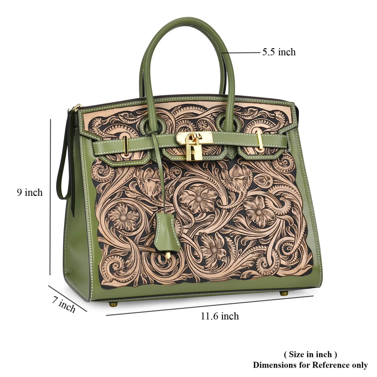 Grand Pelle Light Green with Solid Color Hand Engraving Flower Genuine Leather Handbag with Handle Drop 5.5 Inch image number 6