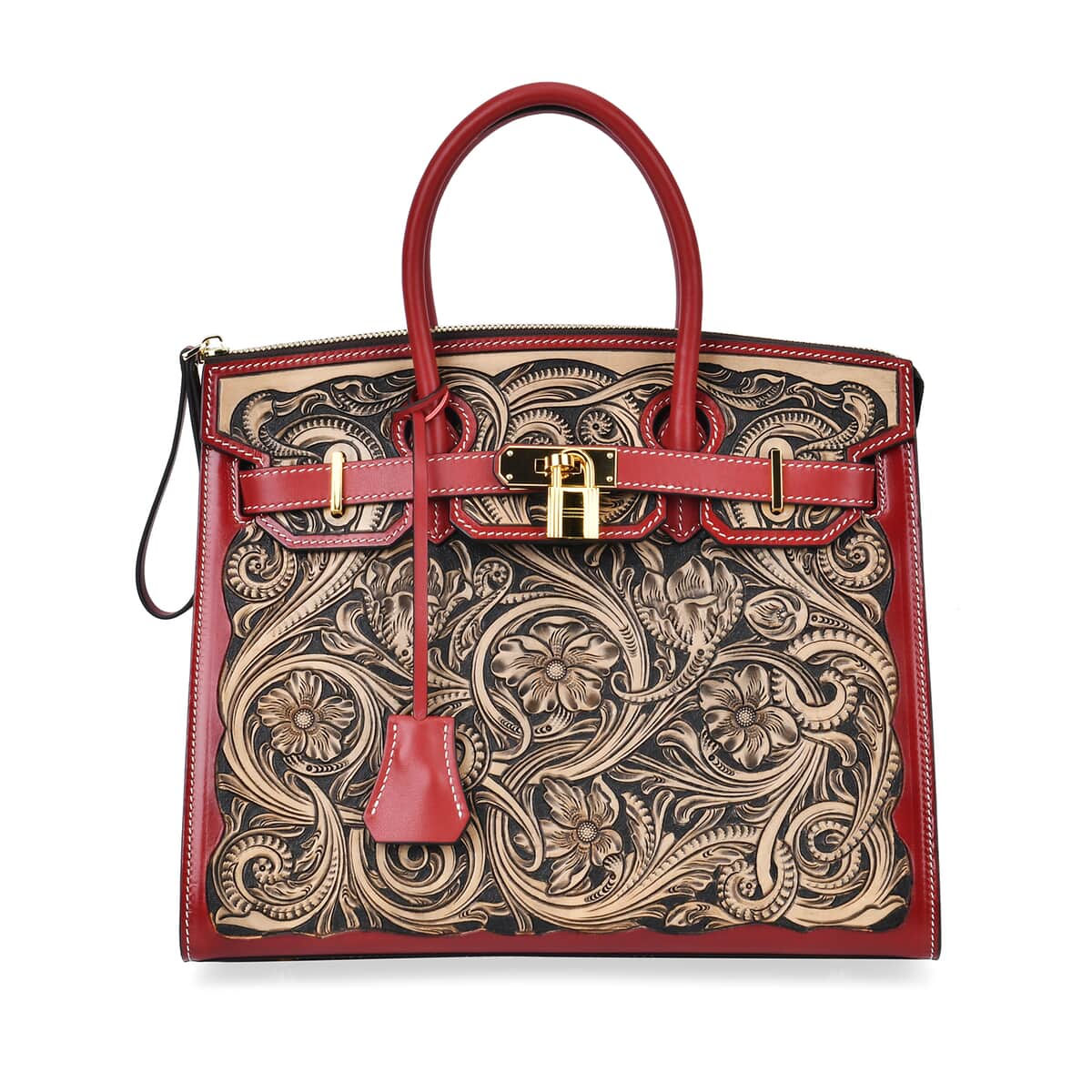 Grand Pelle Red with Solid Color Hand Engraving Flower Genuine Leather Handbag with Handle Drop 5.5 Inch image number 0