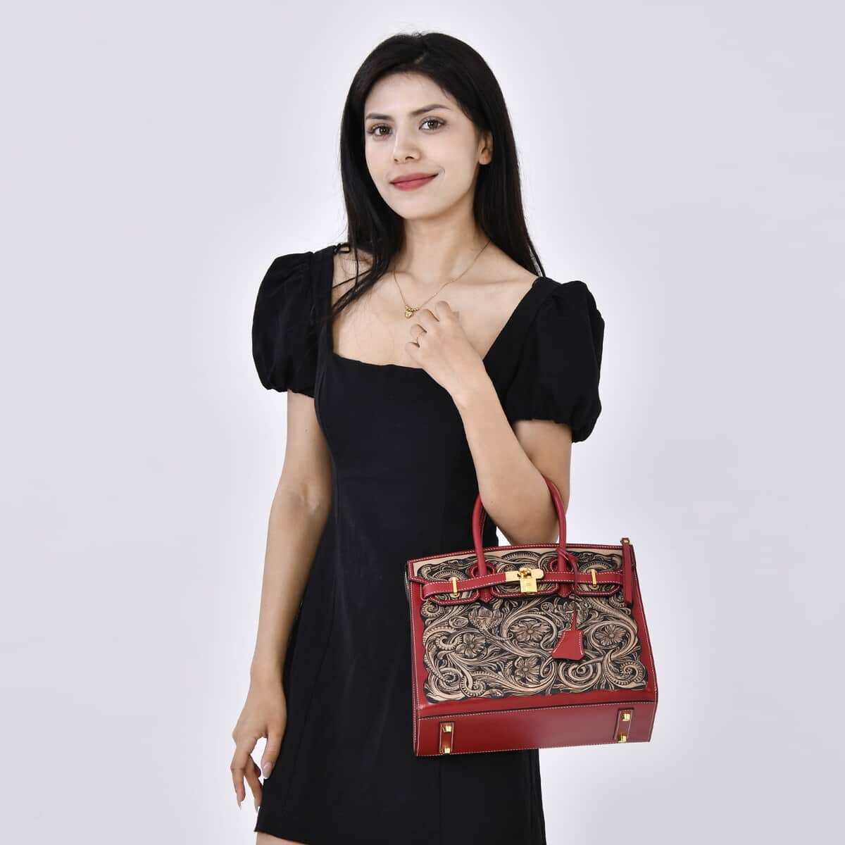 Grand Pelle Red with Solid Color Hand Engraving Flower Genuine Leather Handbag with Handle Drop 5.5 Inch image number 1