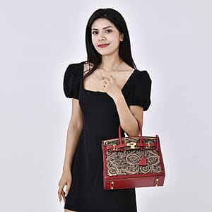 Grand Pelle Red with Solid Color Hand Engraving Flower Genuine Leather Handbag with Handle Drop 5.5 Inch