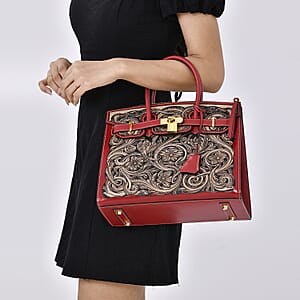 Grand Pelle Red with Solid Color Hand Engraving Flower Genuine Leather Handbag with Handle Drop 5.5 Inch