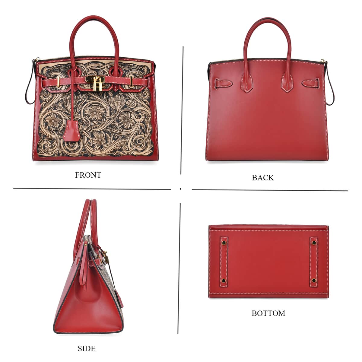 Grand Pelle Red with Solid Color Hand Engraving Flower Genuine Leather Handbag with Handle Drop 5.5 Inch image number 3