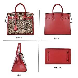 Grand Pelle Red with Solid Color Hand Engraving Flower Genuine Leather Handbag with Handle Drop 5.5 Inch