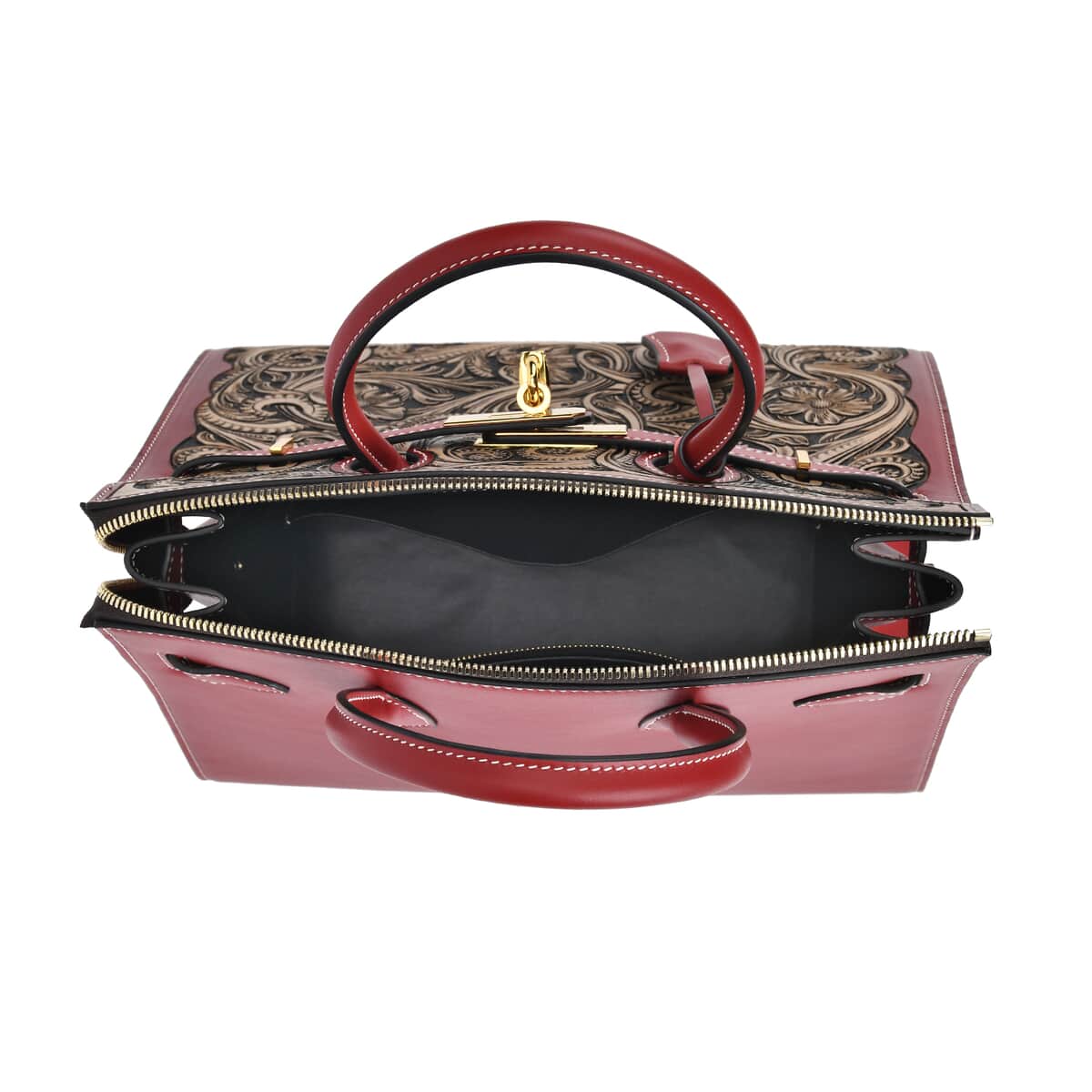 Grand Pelle Red with Solid Color Hand Engraving Flower Genuine Leather Handbag with Handle Drop 5.5 Inch image number 4