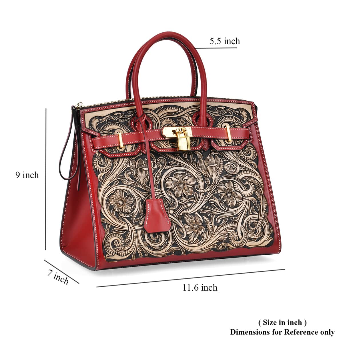 Grand Pelle Red with Solid Color Hand Engraving Flower Genuine Leather Handbag with Handle Drop 5.5 Inch image number 6