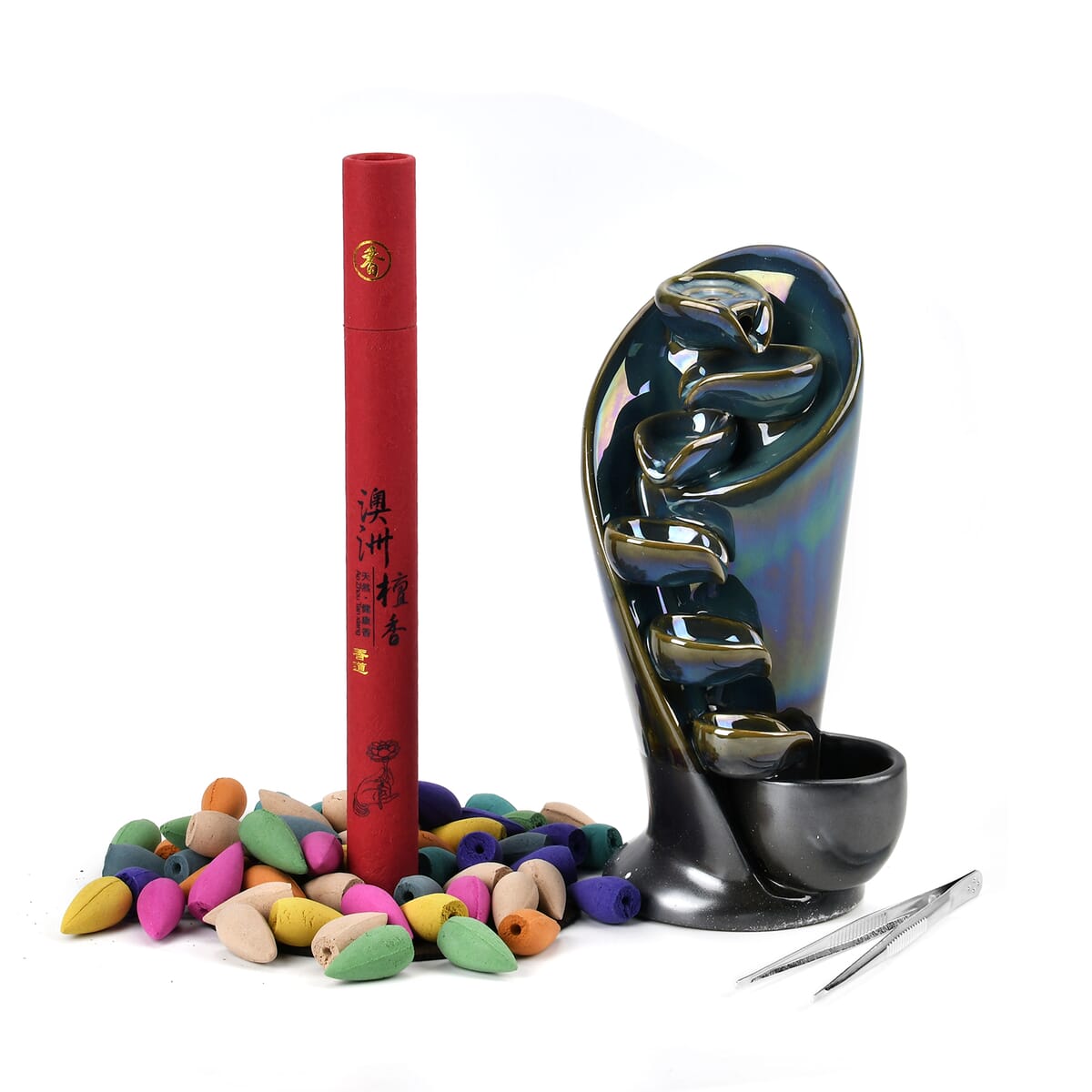 Blue Ceramic Backflow Incense Holder Incense Burner Waterfall with 60 Backflow Incense Cones, 30 Incense Stick, 1p Tweezer and Base image number 0