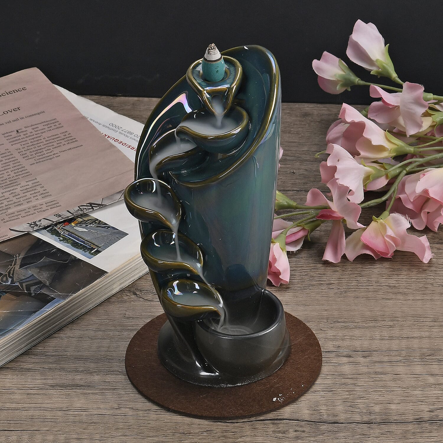 Blue Ceramic Backflow Incense Holder Incense Burner Waterfall with 60