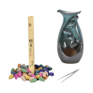 Blue Vase Ceramic Backflow Incense Holder Incense Burner Waterfall with 60 Backflow Incense Cones, 30 Incense Stick, 1p Tweezer and Base