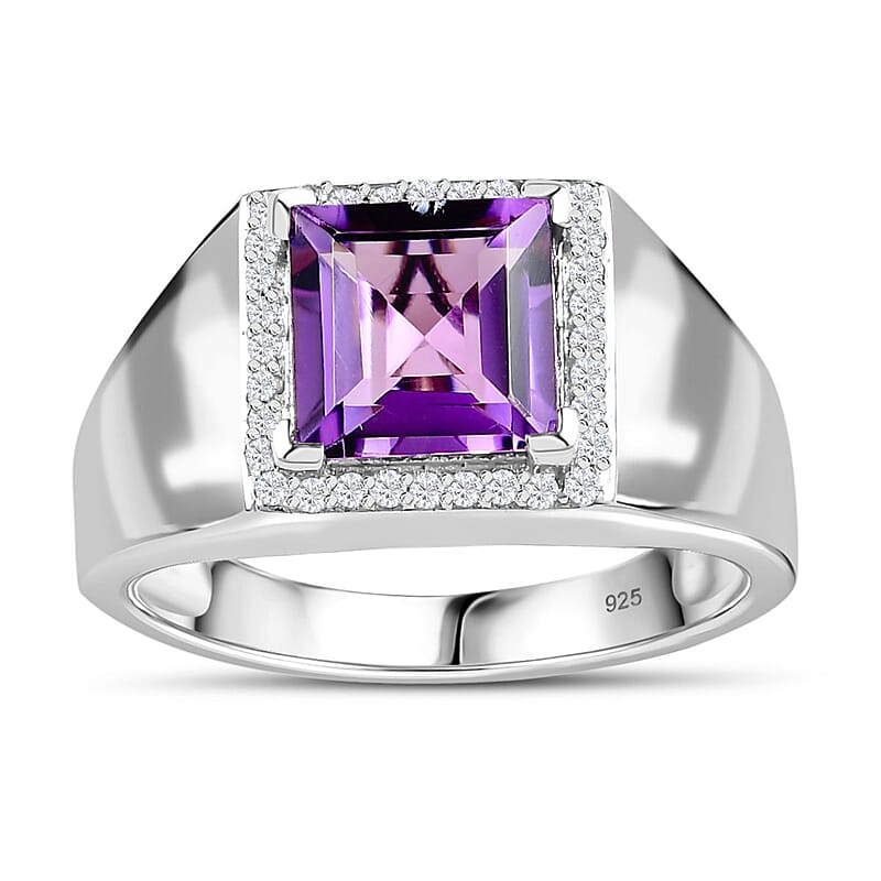 Premium Rose De France Amethyst and Moissanite Men's Ring in Platinum Over Sterling Silver (Size 10.0) 2.75 ctw