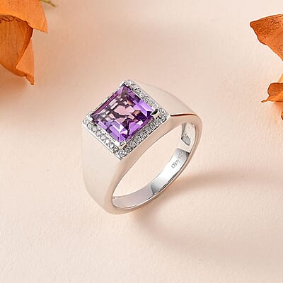 Premium Rose De France Amethyst and Moissanite Men's Ring in Platinum Over Sterling Silver (Size 10.0) 2.75 ctw