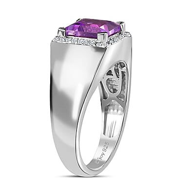 Premium Rose De France Amethyst and Moissanite Men's Ring in Platinum Over Sterling Silver (Size 10.0) 2.75 ctw