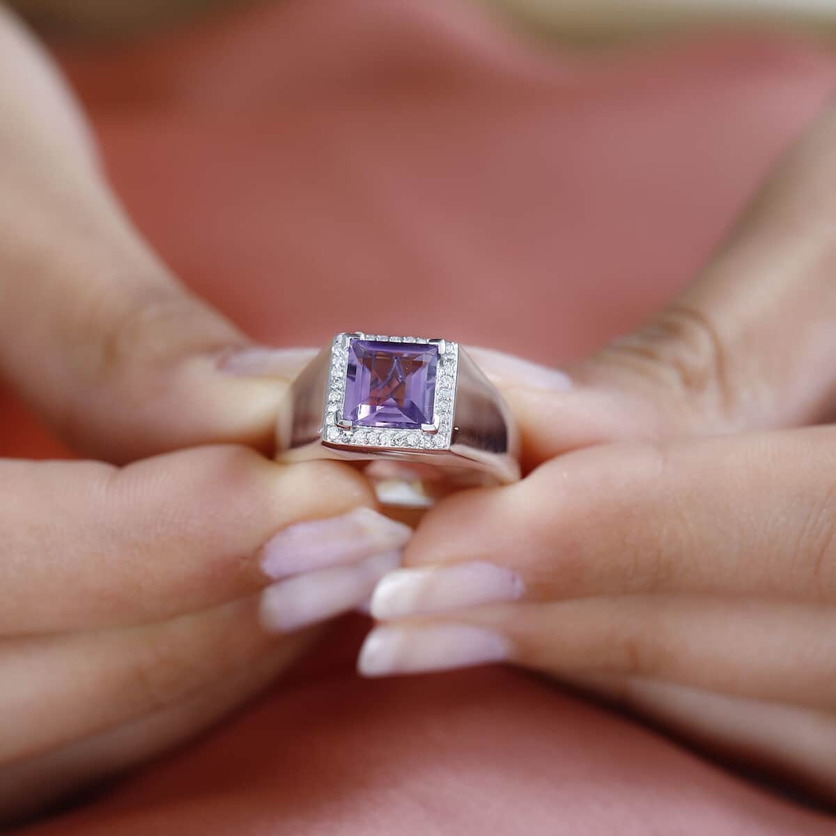 Premium Rose De France Amethyst and Moissanite Men's Ring in Platinum Over Sterling Silver (Size 9.0) 2.75 ctw image number 2