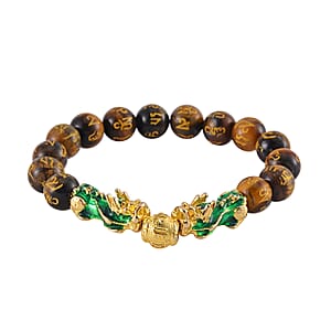 Feng Shui Tiger's Eye Beaded Pixiu Stretch Bracelet in Goldtone 81.00 ctw