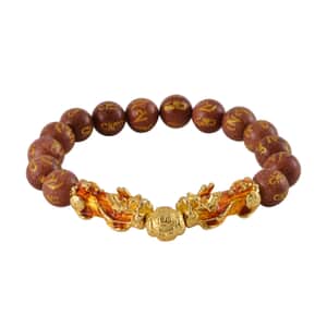 Feng Shui Gold Sandstone Beaded Pixiu Stretch Bracelet in Goldtone 81.00 ctw