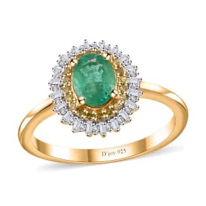 Kagem Zambian Emerald, Yellow and White Diamond Double Halo Ring in Vermeil Yellow Gold Over Sterling Silver (Size 10.0) 1.00 ctw