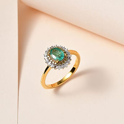 Kagem Zambian Emerald, Yellow and White Diamond Double Halo Ring in Vermeil Yellow Gold Over Sterling Silver (Size 10.0) 1.00 ctw