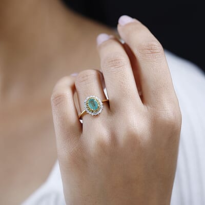 Kagem Zambian Emerald, Yellow and White Diamond Double Halo Ring in Vermeil Yellow Gold Over Sterling Silver (Size 10.0) 1.00 ctw