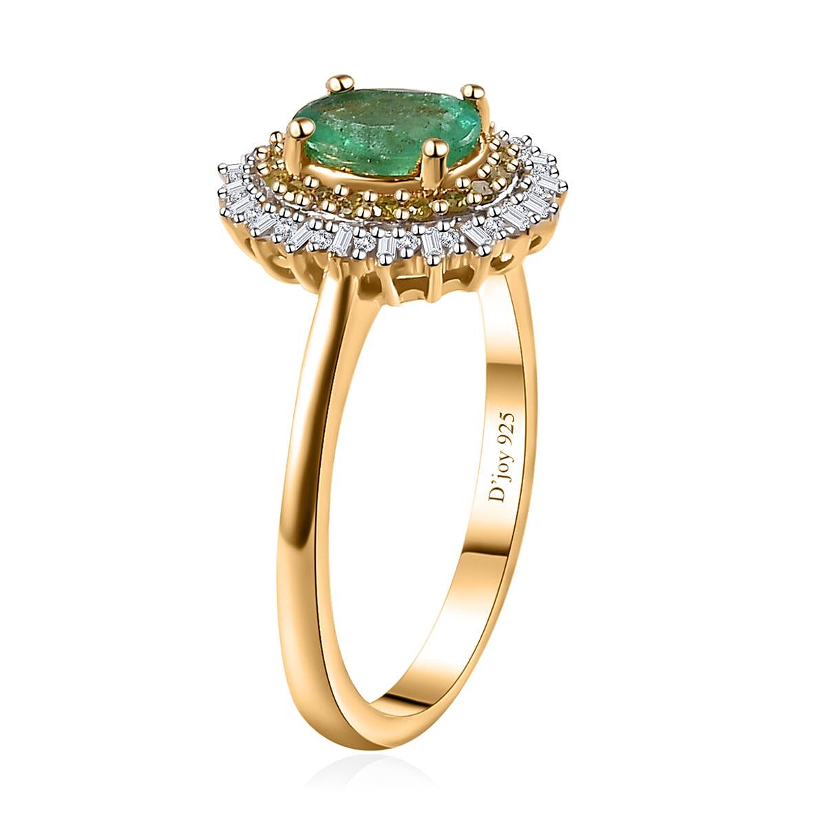 Kagem Zambian Emerald, Yellow Diamond (IR), White Diamond (0.30 cts) Double Halo Ring in Vermeil YG Over Sterling Silver (Size 10.0) 1.00 ctw image number 3