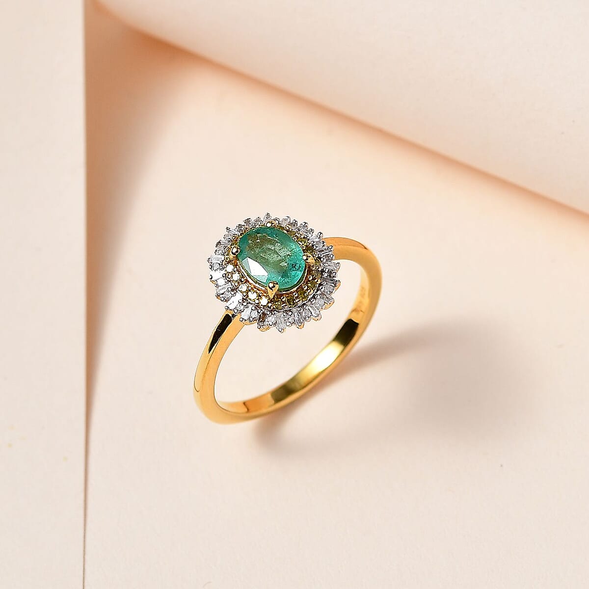 Kagem Zambian Emerald, Yellow and White Diamond Double Halo Ring in Vermeil Yellow Gold Over Sterling Silver (Size 6.0) 1.00 ctw image number 1