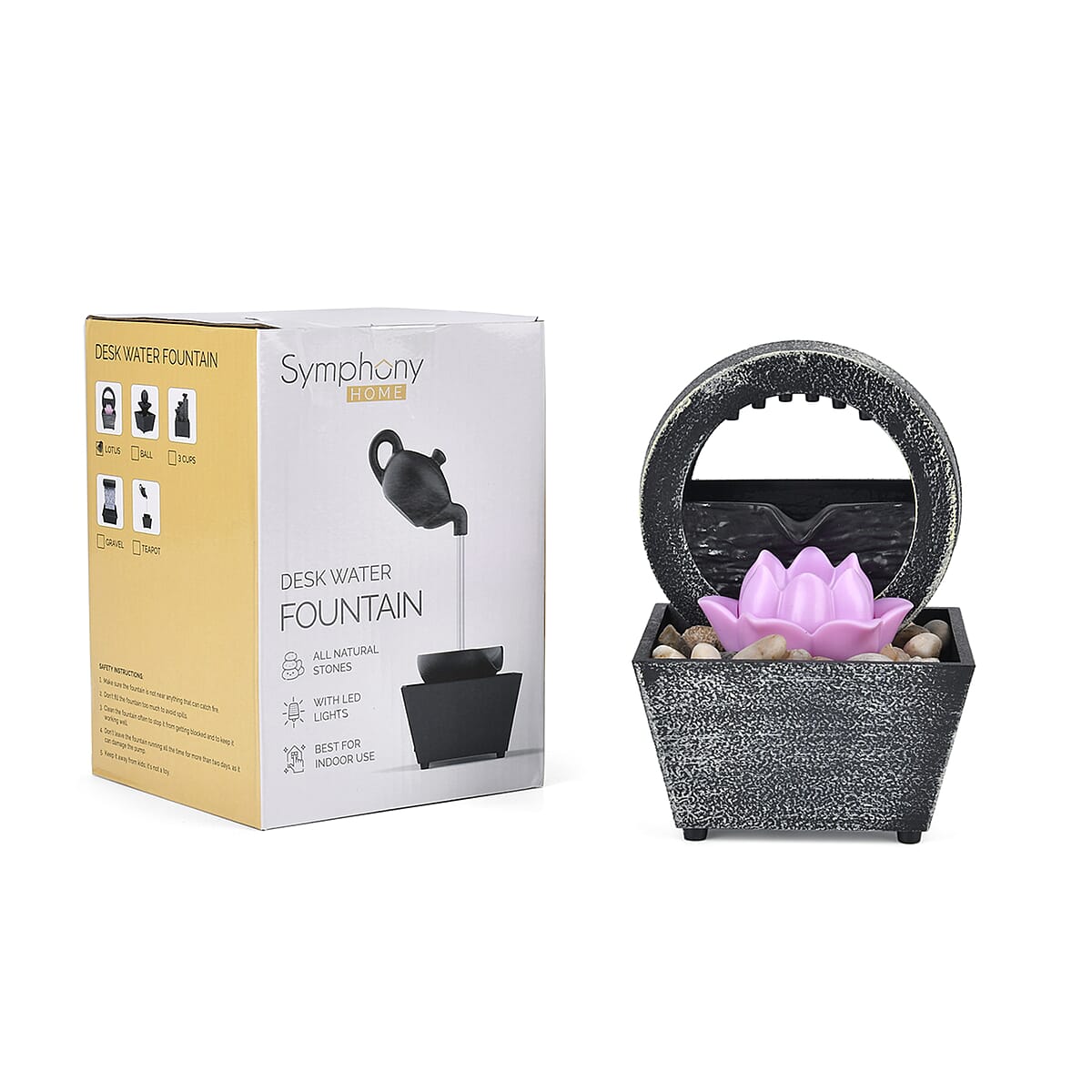 Symphony Home Black and Purple Lotus Mini Water Fountain with LED Light image number 9