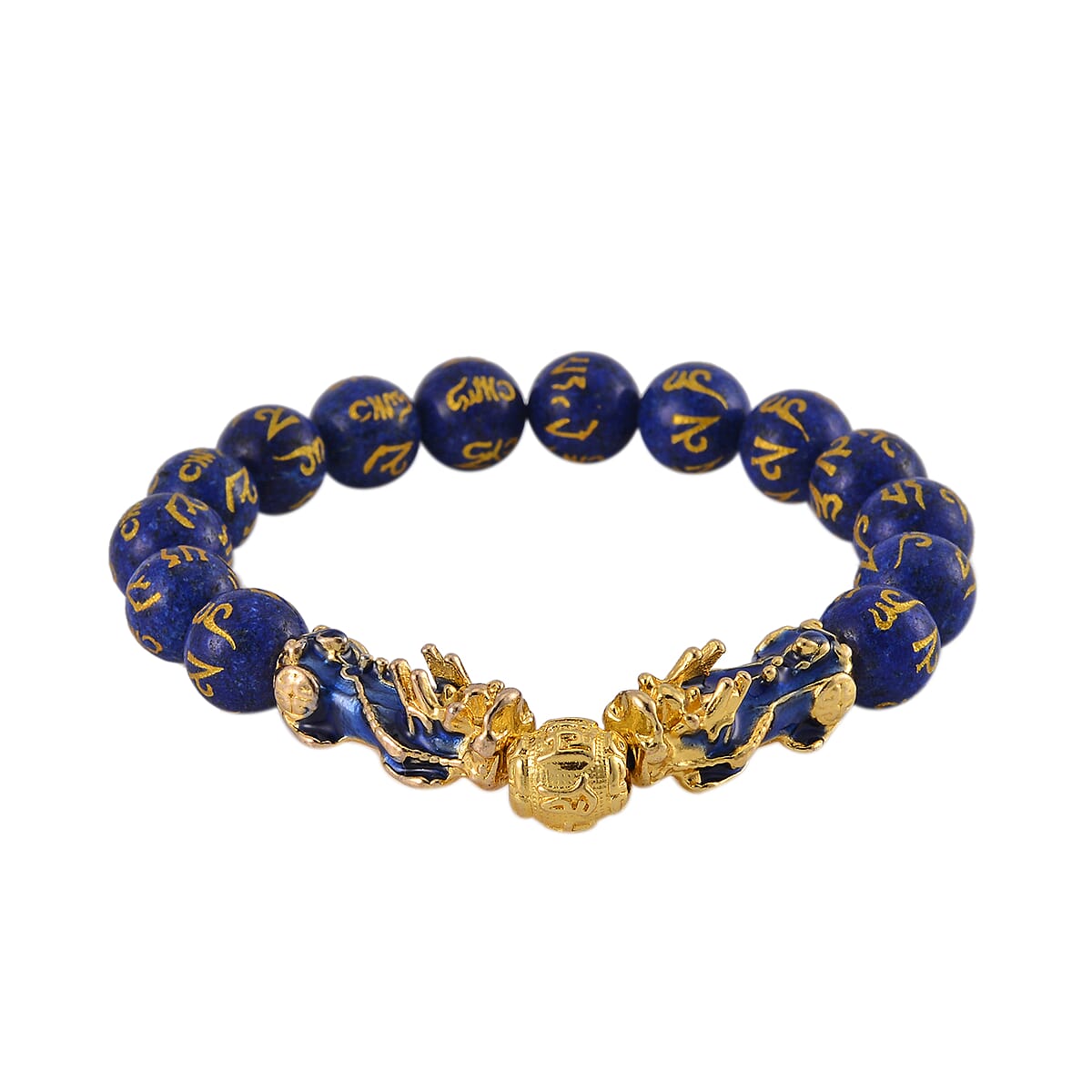 Feng Shui Lapis Lazuli Beaded Pixiu Stretch Bracelet in Goldtone 81.00 ctw image number 0