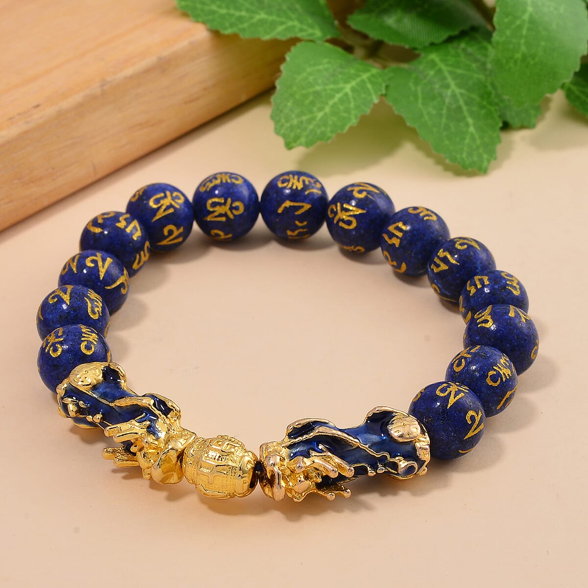 Feng Shui Lapis Lazuli Beaded Pixiu Stretch Bracelet in Goldtone 81.00 ctw image number 1