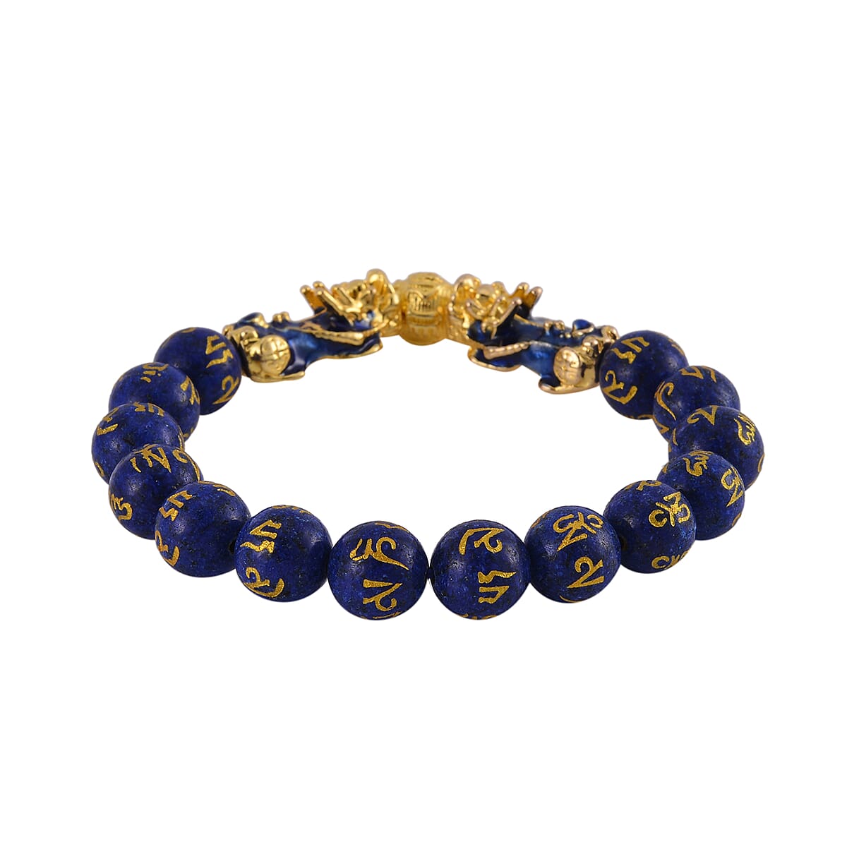 Feng Shui Lapis Lazuli Beaded Pixiu Stretch Bracelet in Goldtone 81.00 ctw image number 2