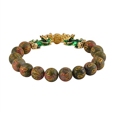 Feng Shui Unakite Beaded Pixiu Stretch Bracelet in Goldtone 81.00 ctw