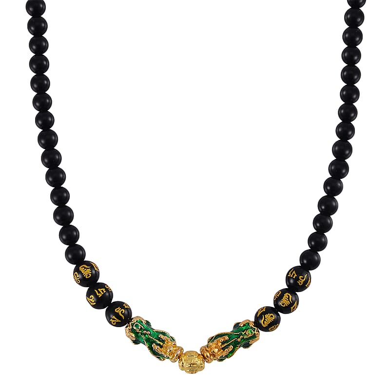 Feng Shui Black Obsidian Beaded Pixiu Necklace 18-20 Inches in Goldtone 190.00 ctw