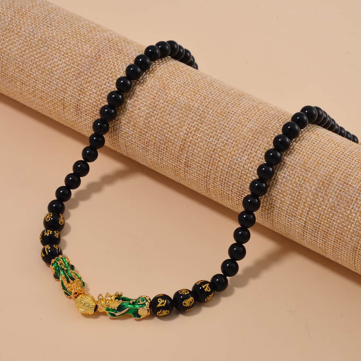 Feng Shui Black Obsidian Beaded Pixiu Necklace 18-20 Inches in Goldtone 190.00 ctw image number 1