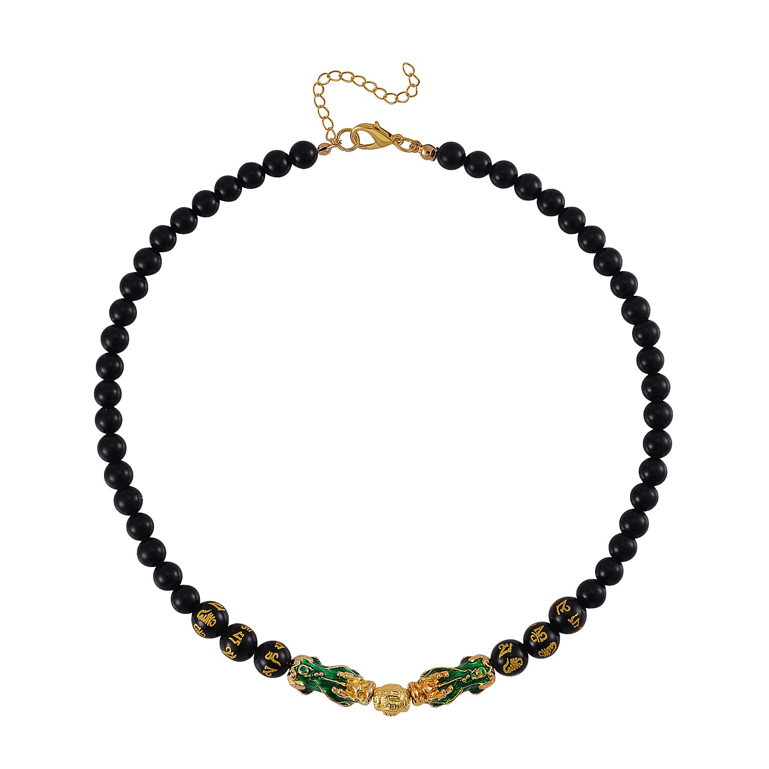 Feng Shui Black Obsidian Beaded Pixiu Necklace 18-20 Inches in Goldtone 190.00 ctw