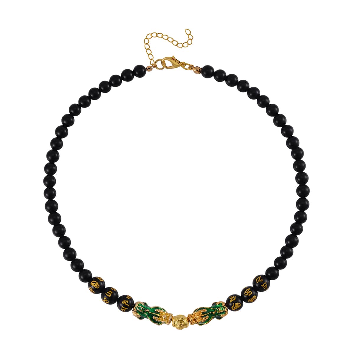 Feng Shui Black Obsidian Beaded Pixiu Necklace (18-20 Inches) in Goldtone 190.00 ctw image number 2