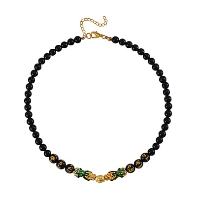 Feng Shui Black Obsidian Beaded Pixiu Necklace 18-20 Inches in Goldtone 190.00 ctw