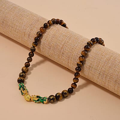 Feng Shui Tiger's Eye Beaded Pixiu Necklace 18-20 Inches in Goldtone 190.00 ctw
