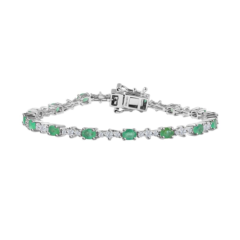 Kagem Zambian Emerald and White Zircon Bracelet in Platinum Over Sterling Silver (6.50 In) 4.00 ctw