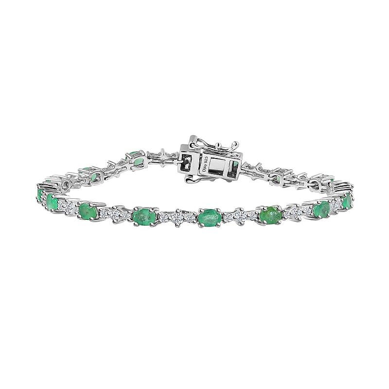 Kagem Zambian Emerald and White Zircon Bracelet in Platinum Over Sterling Silver (6.50 In) 4.00 ctw