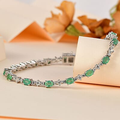 Kagem Zambian Emerald and White Zircon Bracelet in Platinum Over Sterling Silver (6.50 In) 4.00 ctw