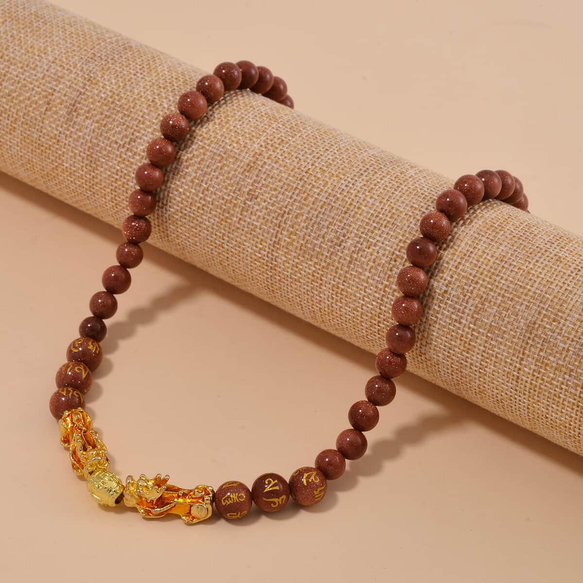 Feng Shui Gold Sandstone Beaded Pixiu Necklace 18-20 Inches in Goldtone 190.00 ctw image number 1