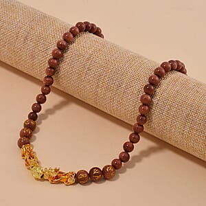 Feng Shui Gold Sandstone Beaded Pixiu Necklace 18-20 Inches in Goldtone 190.00 ctw