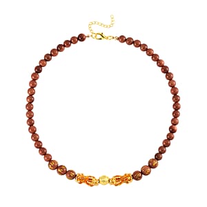 Feng Shui Gold Sandstone Beaded Pixiu Necklace 18-20 Inches in Goldtone 190.00 ctw