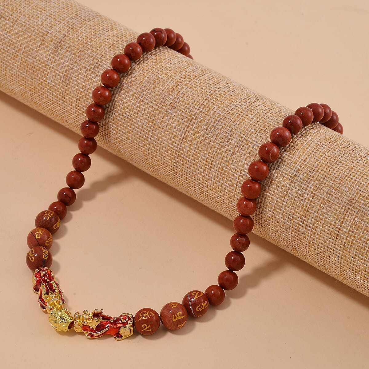 Feng Shui Red Jasper Beaded Pixiu Necklace 18-20 Inches in Goldtone 190.00 ctw image number 1