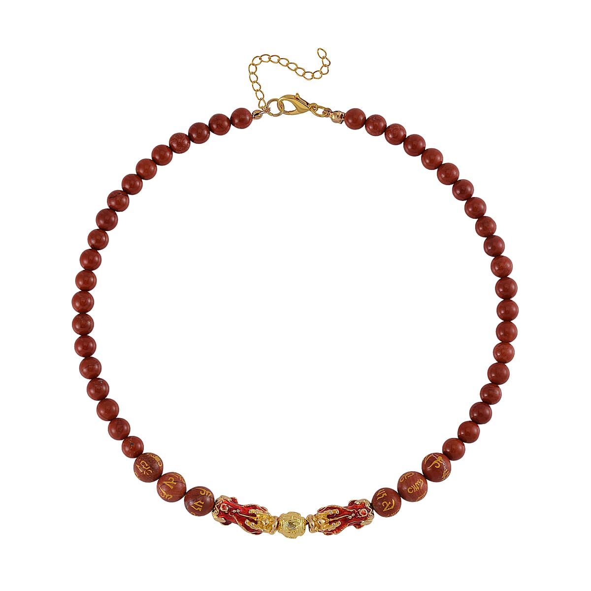 Feng Shui Red Jasper Beaded Pixiu Necklace 18-20 Inches in Goldtone 190.00 ctw image number 2