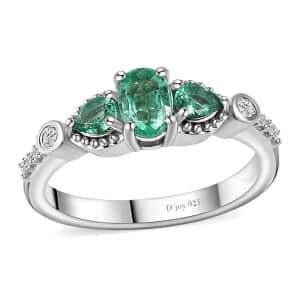 Kagem Zambian Emerald and White Zircon Ring in Platinum Over Sterling Silver (Size 10.0) 0.85 ctw