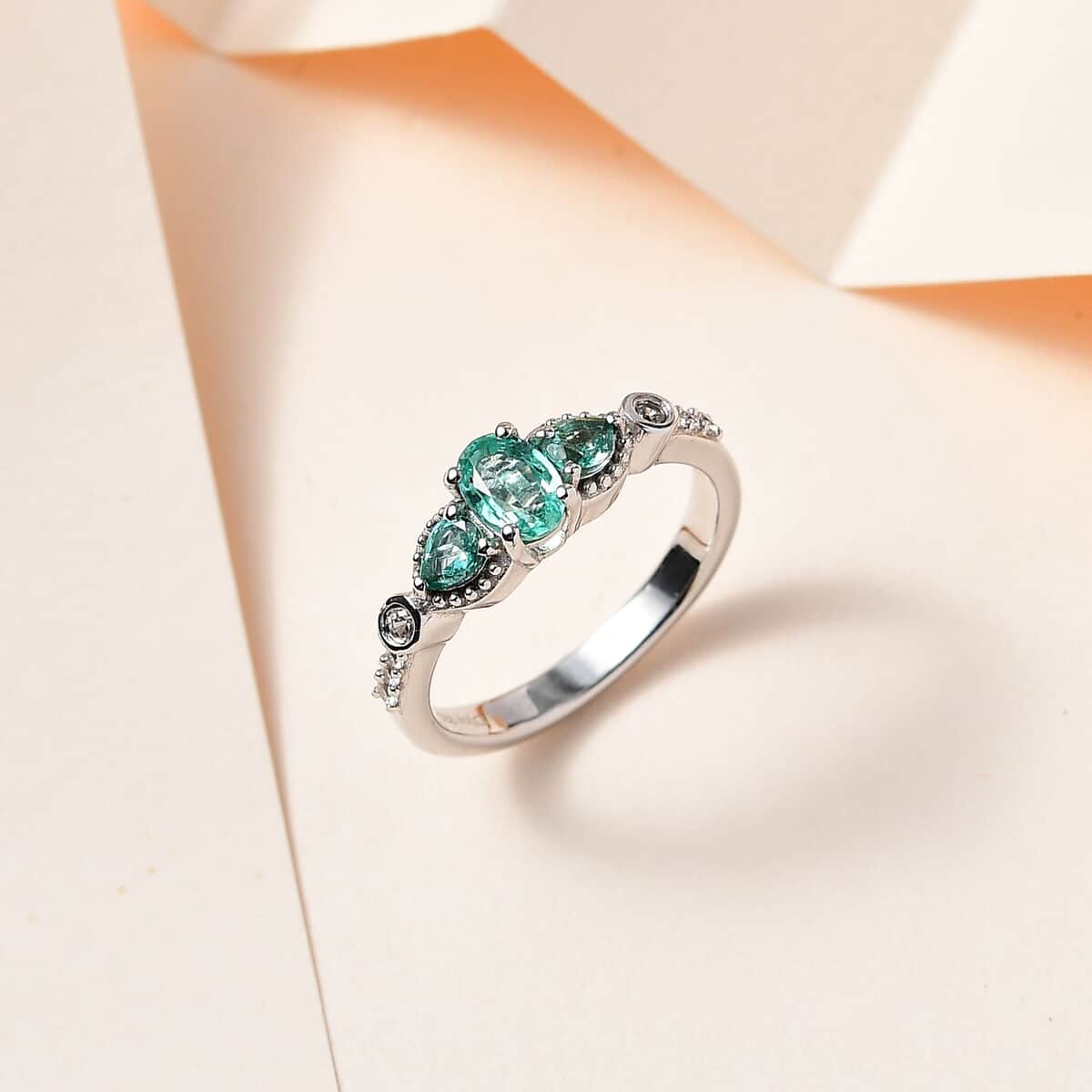 Kagem Zambian Emerald and White Zircon Ring in Platinum Over Sterling Silver (Size 10.0) 0.85 ctw image number 1