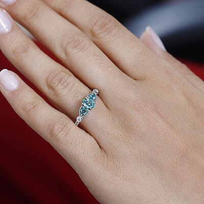 Kagem Zambian Emerald and White Zircon Ring in Platinum Over Sterling Silver (Size 10.0) 0.85 ctw