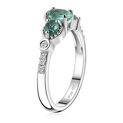 Kagem Zambian Emerald and White Zircon Ring in Platinum Over Sterling Silver (Size 10.0) 0.85 ctw