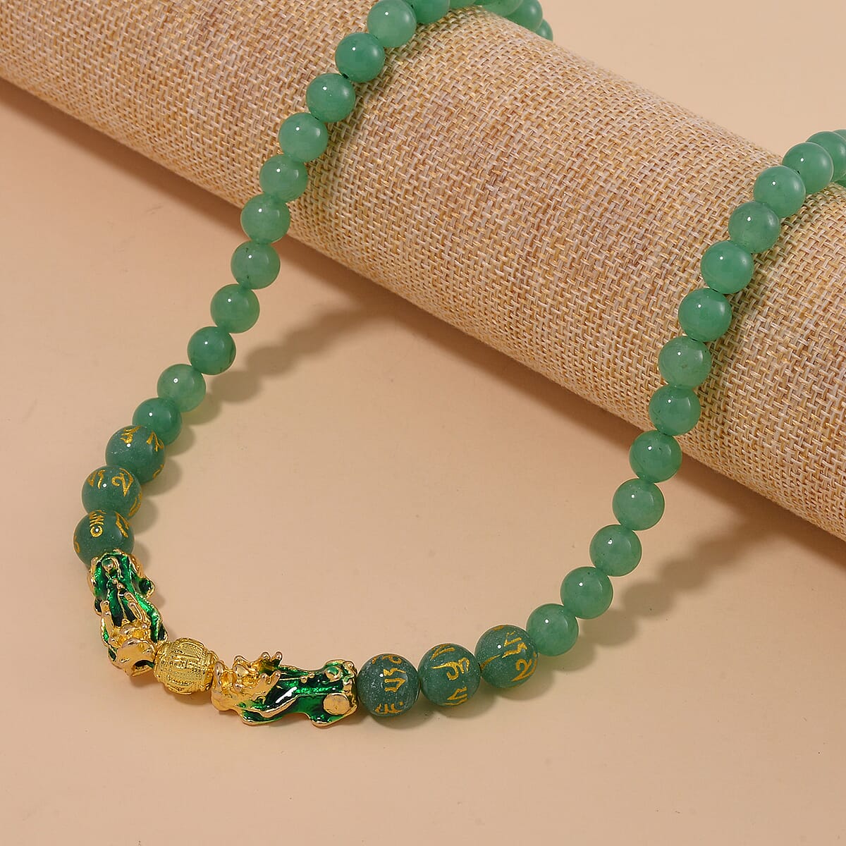 Feng Shui Green Aventurine Beaded Pixiu Necklace 18-20 Inches in Goldtone 190.00 ctw image number 1