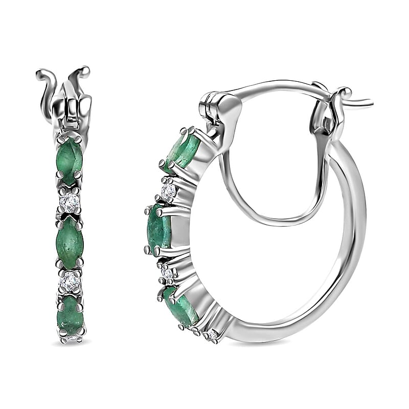 Kagem Zambian Emerald and White Zircon Hoop Earrings in Platinum Over Sterling Silver 0.65 ctw