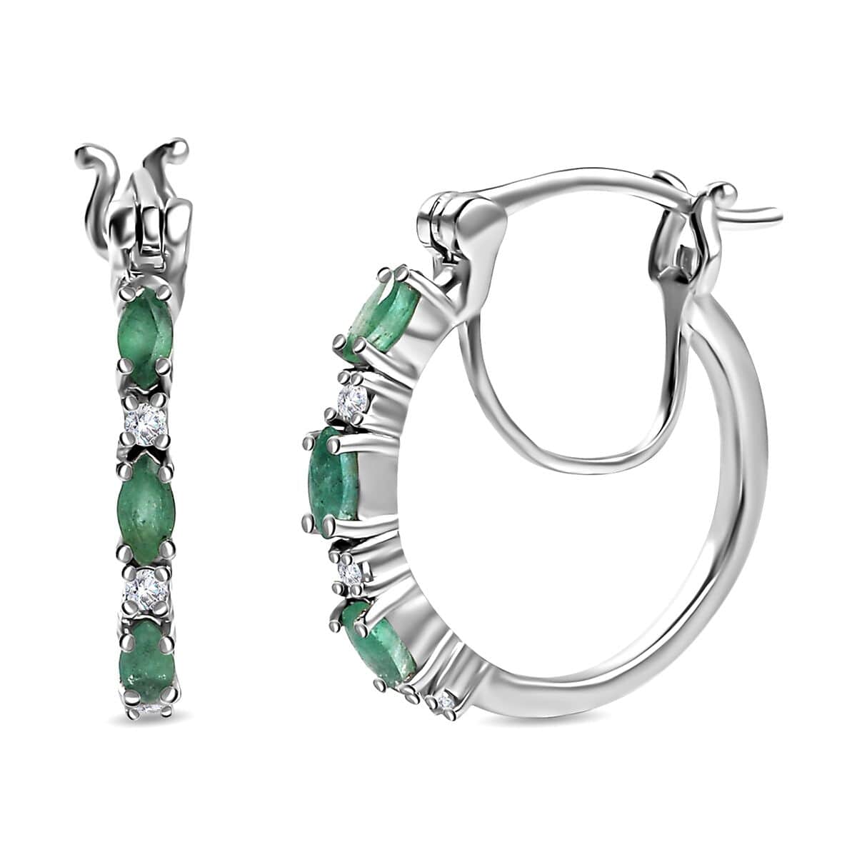 Kagem Zambian Emerald and White Zircon Hoop Earrings in Platinum Over Sterling Silver 0.65 ctw image number 0